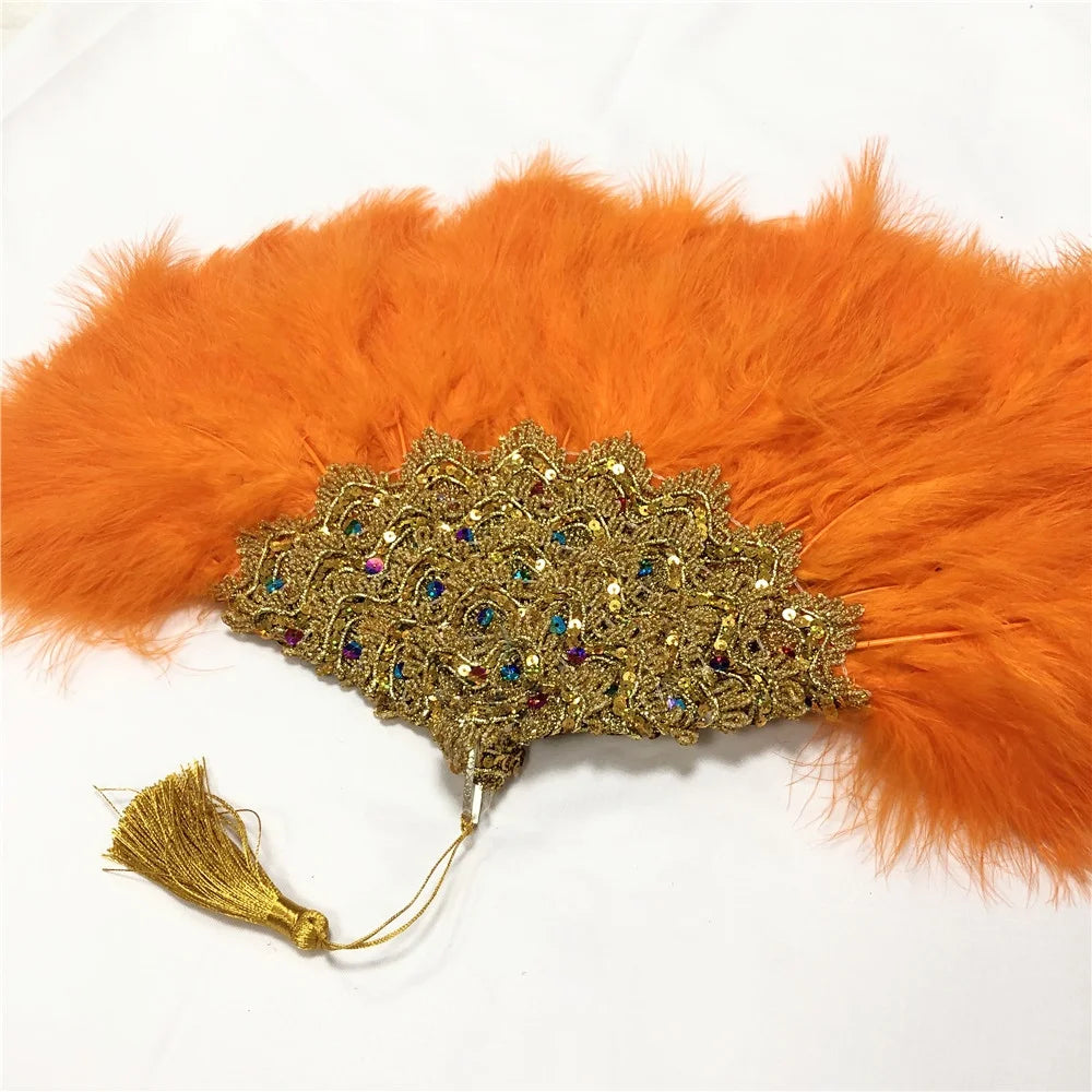 Éventail  en Plumes Demi-Cercle – Éventail Mariage Fait Main en Plumes avec Pierres Cristal – Éventail Mariée Élégant pour Cérémonie, Soirée & Décoration