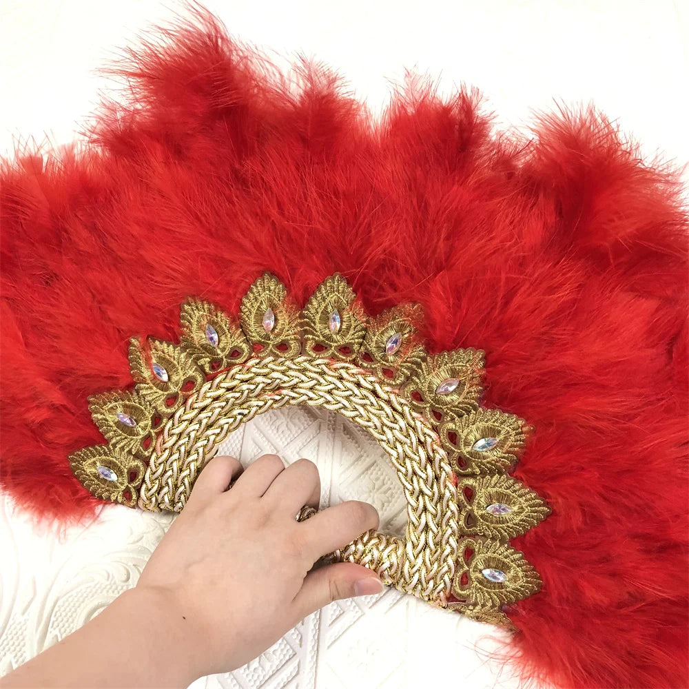 Éventail  en Plumes Demi-Cercle – Éventail Mariage Fait Main en Plumes avec Pierres Cristal – Éventail Mariée Élégant pour Cérémonie, Soirée & Décoration