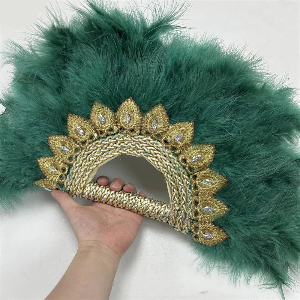 Éventail  en Plumes Demi-Cercle – Éventail Mariage Fait Main en Plumes avec Pierres Cristal – Éventail Mariée Élégant pour Cérémonie, Soirée & Décoration
