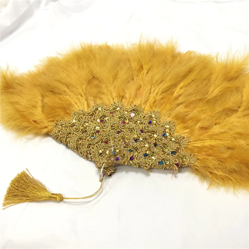 Éventail  en Plumes Demi-Cercle – Éventail Mariage Fait Main en Plumes avec Pierres Cristal – Éventail Mariée Élégant pour Cérémonie, Soirée & Décoration