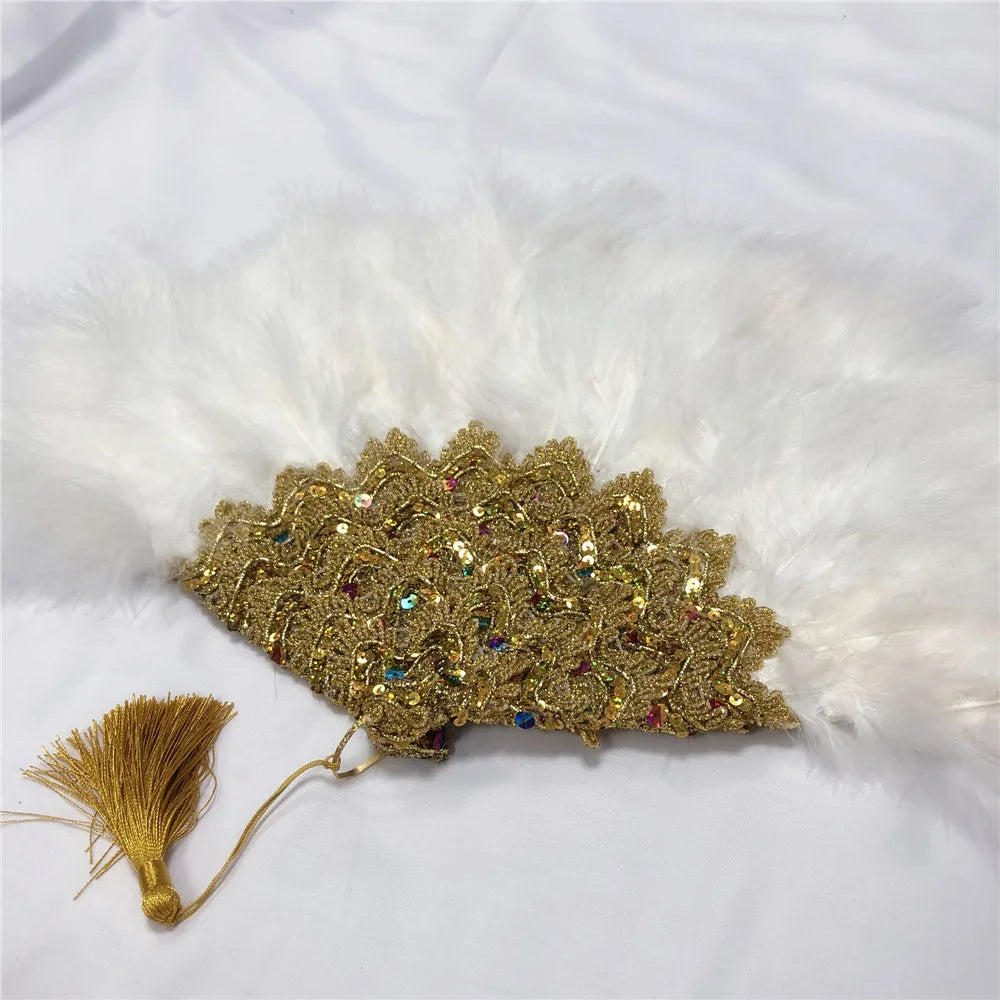 Éventail  en Plumes Demi-Cercle – Éventail Mariage Fait Main en Plumes avec Pierres Cristal – Éventail Mariée Élégant pour Cérémonie, Soirée & Décoration