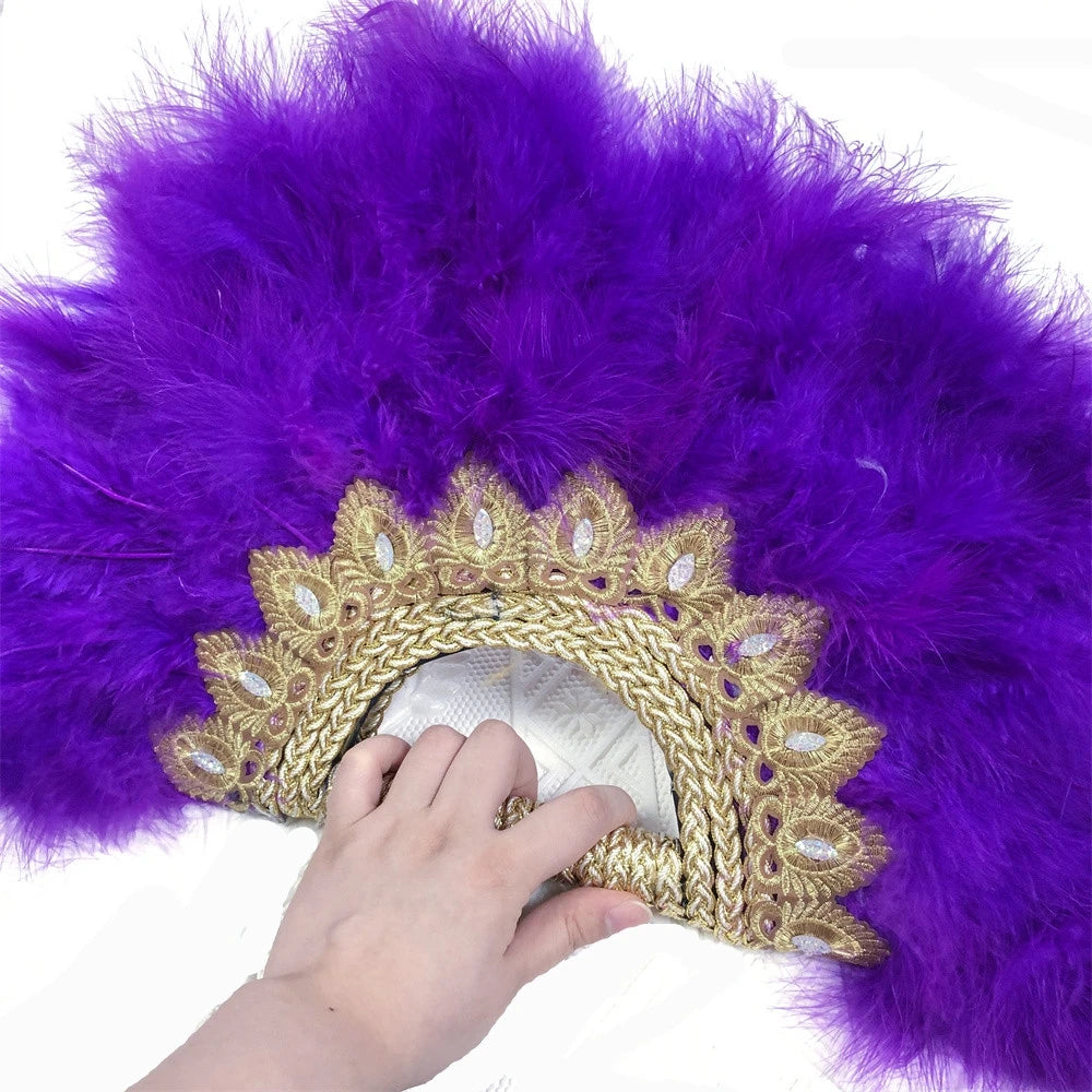 Éventail  en Plumes Demi-Cercle – Éventail Mariage Fait Main en Plumes avec Pierres Cristal – Éventail Mariée Élégant pour Cérémonie, Soirée & Décoration