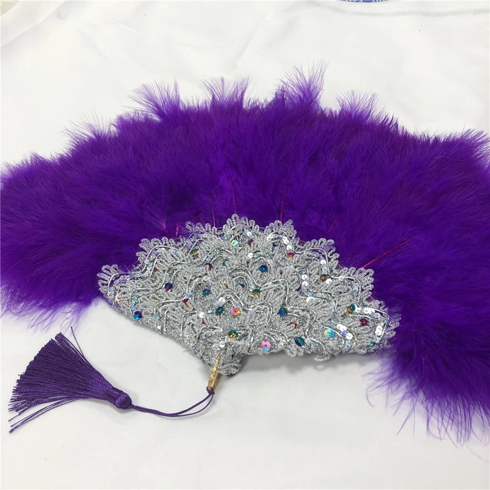 Éventail  en Plumes Demi-Cercle – Éventail Mariage Fait Main en Plumes avec Pierres Cristal – Éventail Mariée Élégant pour Cérémonie, Soirée & Décoration