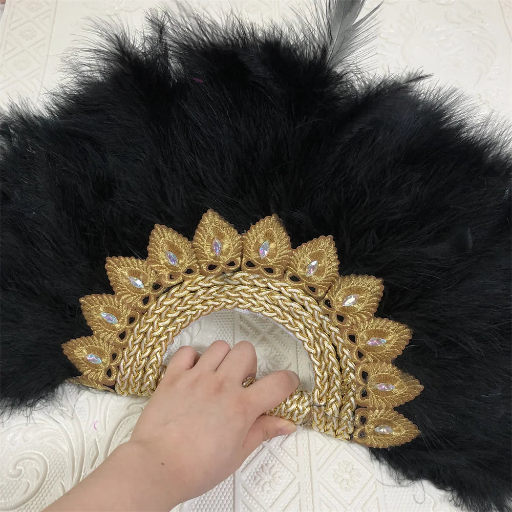 Éventail  en Plumes Demi-Cercle – Éventail Mariage Fait Main en Plumes avec Pierres Cristal – Éventail Mariée Élégant pour Cérémonie, Soirée & Décoration