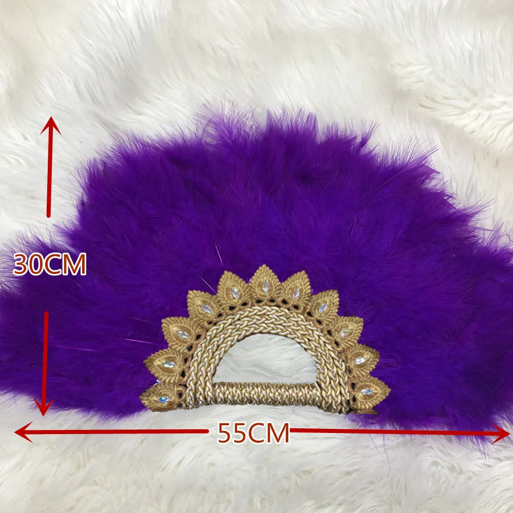 Éventail  en Plumes Demi-Cercle – Éventail Mariage Fait Main en Plumes avec Pierres Cristal – Éventail Mariée Élégant pour Cérémonie, Soirée & Décoration