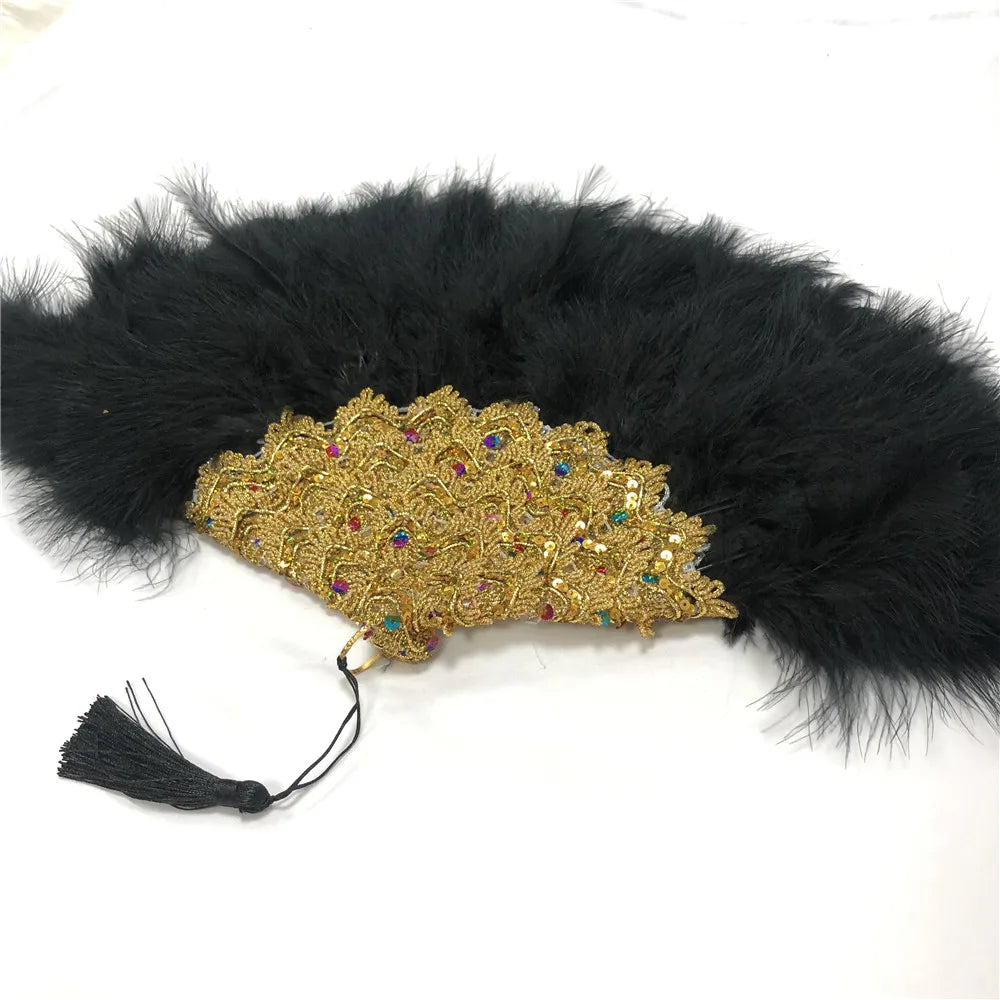 Éventail  en Plumes Demi-Cercle – Éventail Mariage Fait Main en Plumes avec Pierres Cristal – Éventail Mariée Élégant pour Cérémonie, Soirée & Décoration