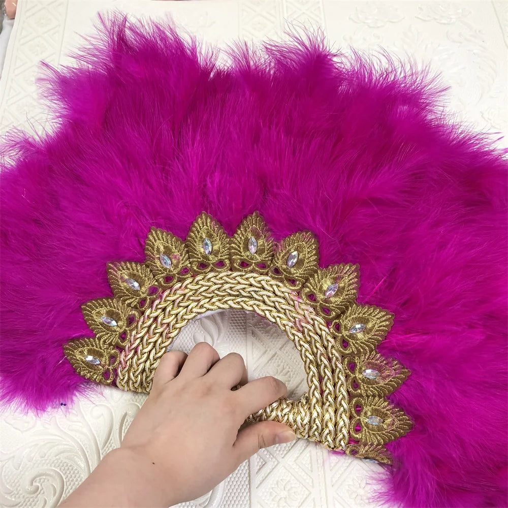 Éventail  en Plumes Demi-Cercle – Éventail Mariage Fait Main en Plumes avec Pierres Cristal – Éventail Mariée Élégant pour Cérémonie, Soirée & Décoration
