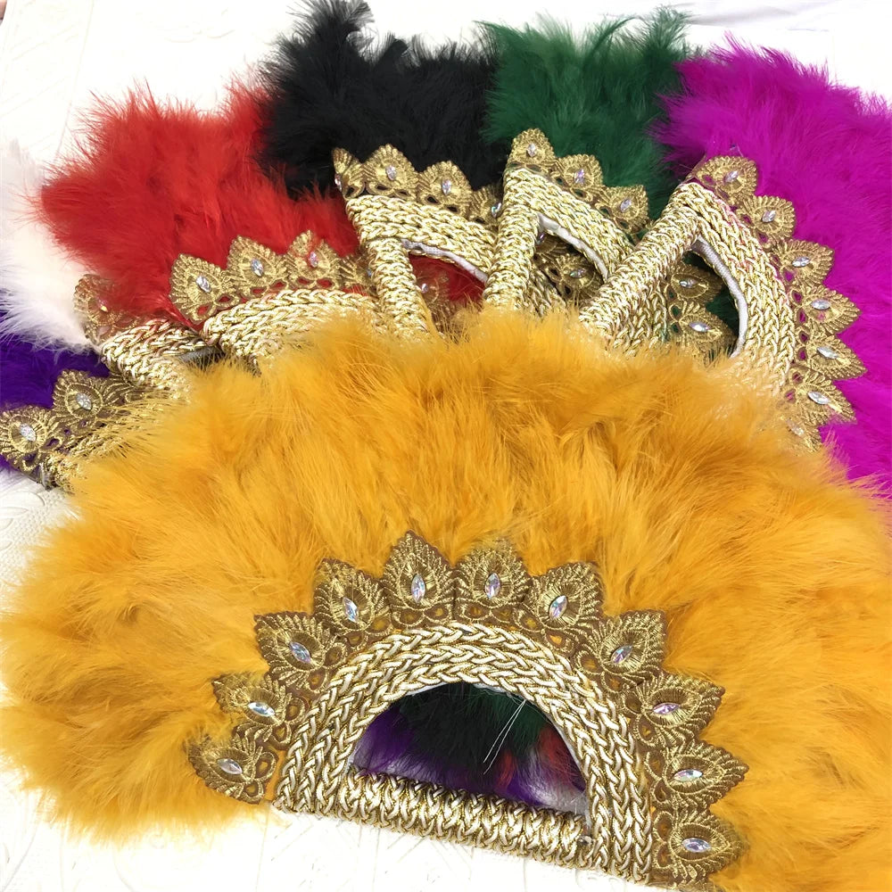 Éventail  en Plumes Demi-Cercle – Éventail Mariage Fait Main en Plumes avec Pierres Cristal – Éventail Mariée Élégant pour Cérémonie, Soirée & Décoration
