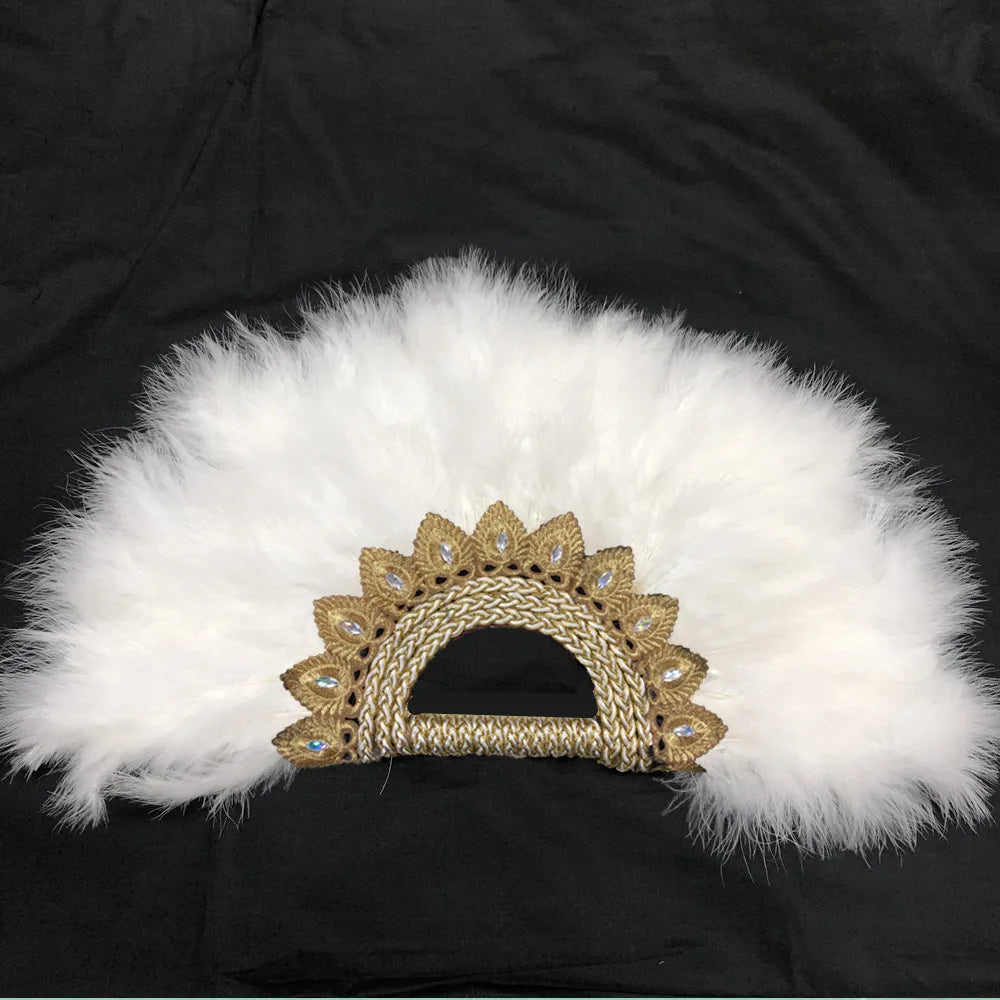Éventail  en Plumes Demi-Cercle – Éventail Mariage Fait Main en Plumes avec Pierres Cristal – Éventail Mariée Élégant pour Cérémonie, Soirée & Décoration