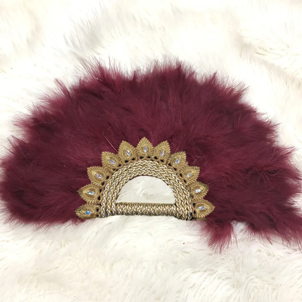 Éventail  en Plumes Demi-Cercle – Éventail Mariage Fait Main en Plumes avec Pierres Cristal – Éventail Mariée Élégant pour Cérémonie, Soirée & Décoration