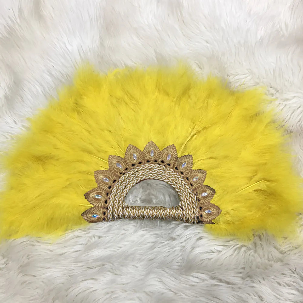 Éventail  en Plumes Demi-Cercle – Éventail Mariage Fait Main en Plumes avec Pierres Cristal – Éventail Mariée Élégant pour Cérémonie, Soirée & Décoration